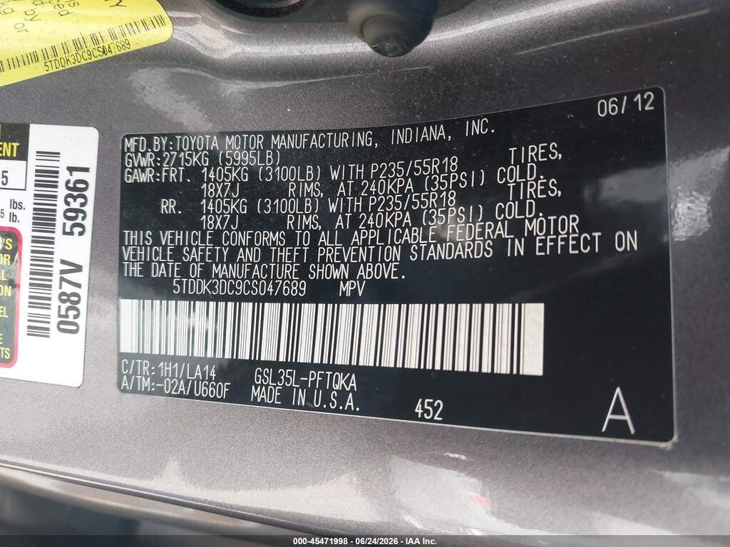 5TDDK3DC9CS047689 2012 TOYOTA SIENNA photo no. 9
