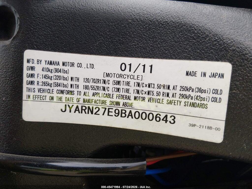 JYARN27E9BA000643 2011 YAMAHA FZ8 photo no. 10