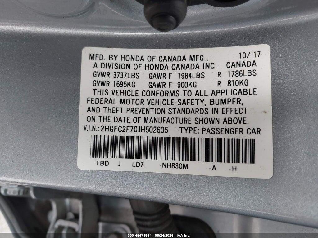 2HGFC2F70JH502605 2018 HONDA CIVIC photo no. 9