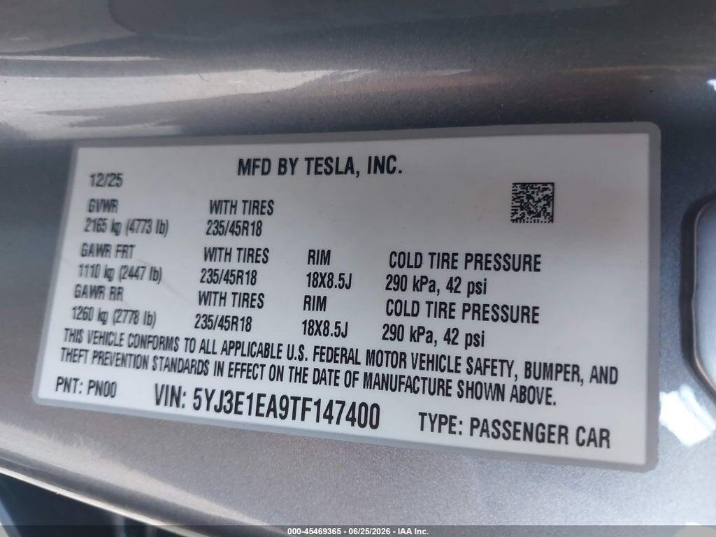 5YJ3E1EA9TF147400 2026 TESLA MODEL 3 photo no. 9
