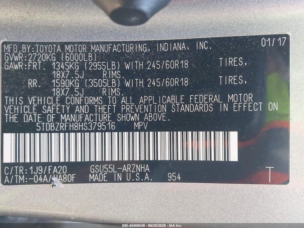 5TDBZRFH8HS379516 2017 TOYOTA HIGHLANDER photo no. 9