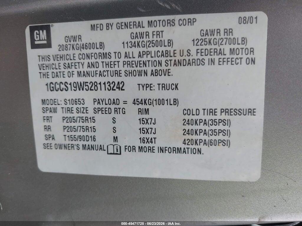 1GCCS19W528113242 2002 CHEVROLET S-10 photo no. 9