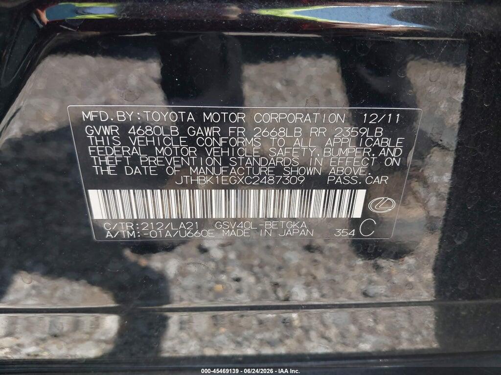 JTHBK1EGXC2487309 2012 LEXUS ES 350 photo no. 9
