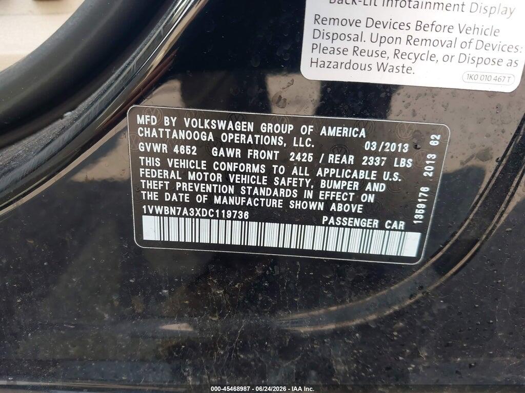 1VWBN7A3XDC119736 2013 VOLKSWAGEN PASSAT photo no. 9