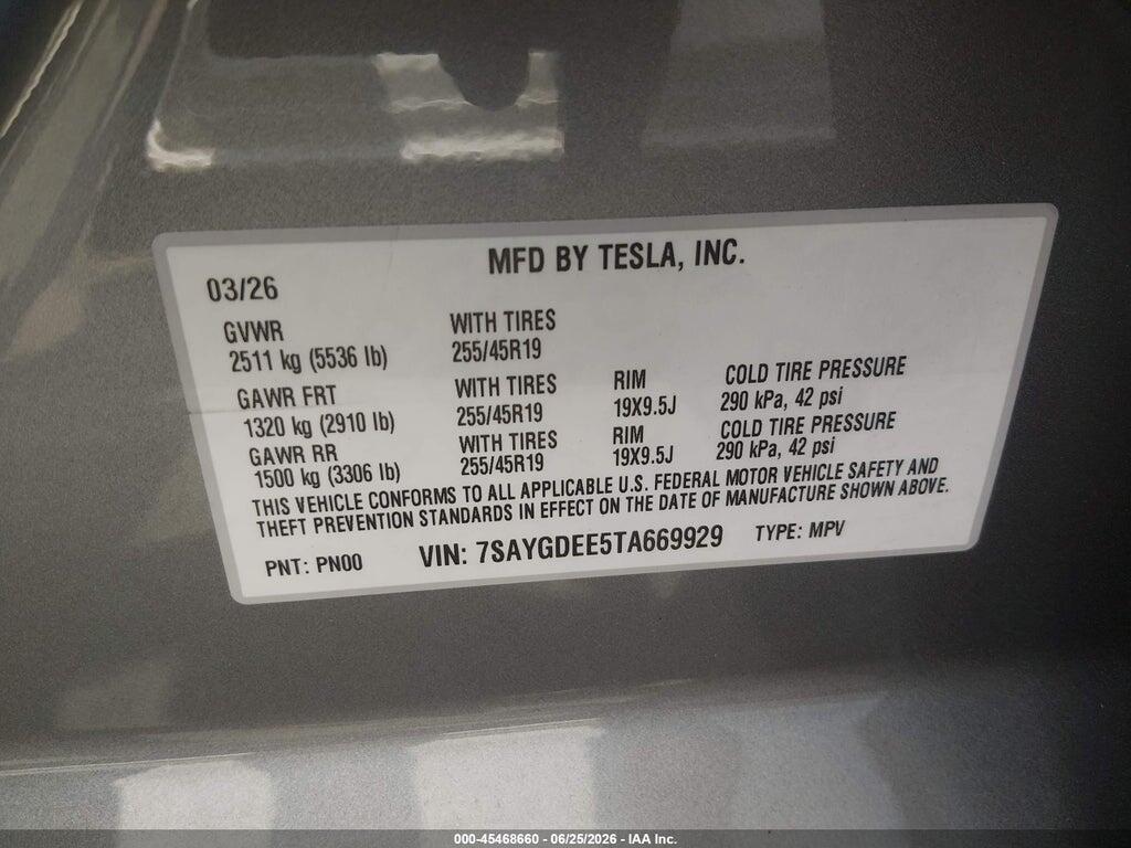 7SAYGDEE5TA669929 2026 TESLA MODEL Y photo no. 9