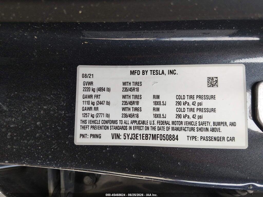 5YJ3E1EB7MF050884 2021 TESLA MODEL 3 photo no. 9