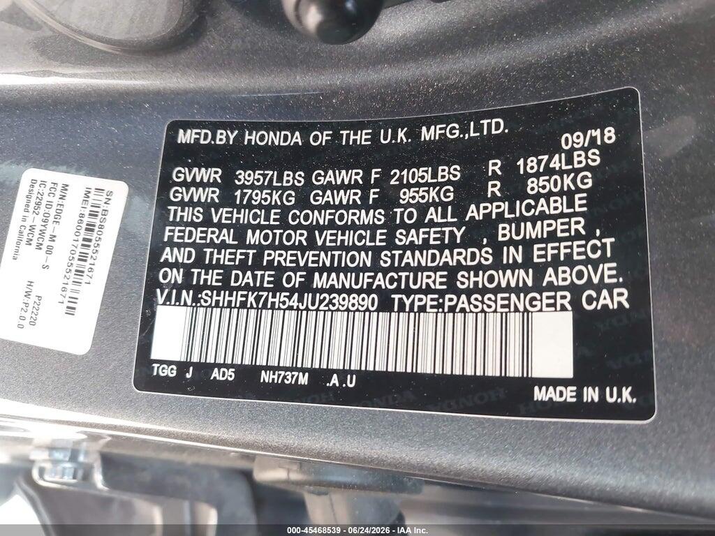 SHHFK7H54JU239890 2018 HONDA CIVIC photo no. 9