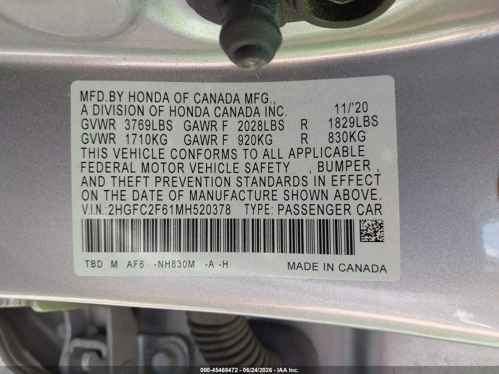 2HGFC2F61MH520378 2021 HONDA CIVIC photo no. 9