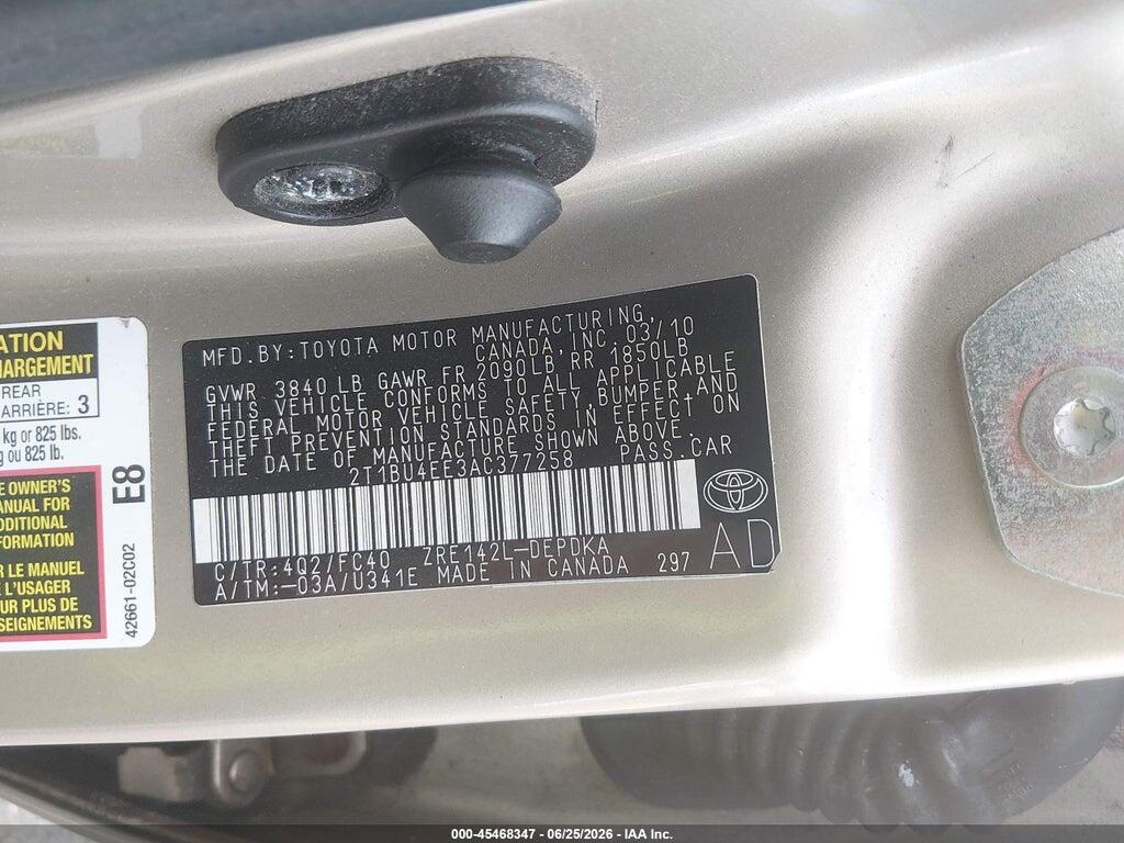 2T1BU4EE3AC377258 2010 TOYOTA COROLLA photo no. 9