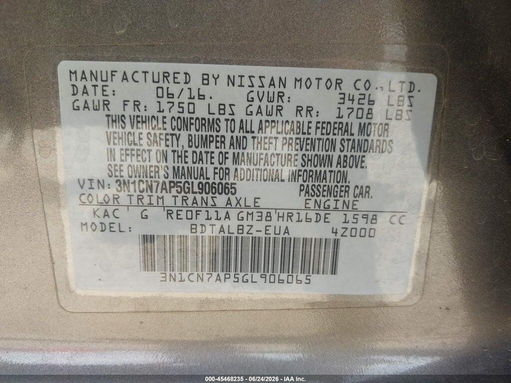 3N1CN7AP5GL906065 2016 NISSAN VERSA photo no. 9