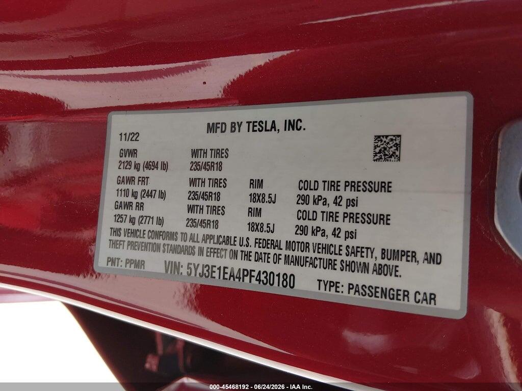 5YJ3E1EA4PF430180 2023 TESLA MODEL 3 photo no. 9