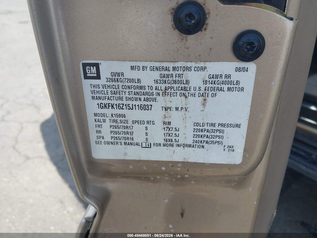 1GKFK16Z15J116037 2005 GMC YUKON XL 1500 photo no. 9