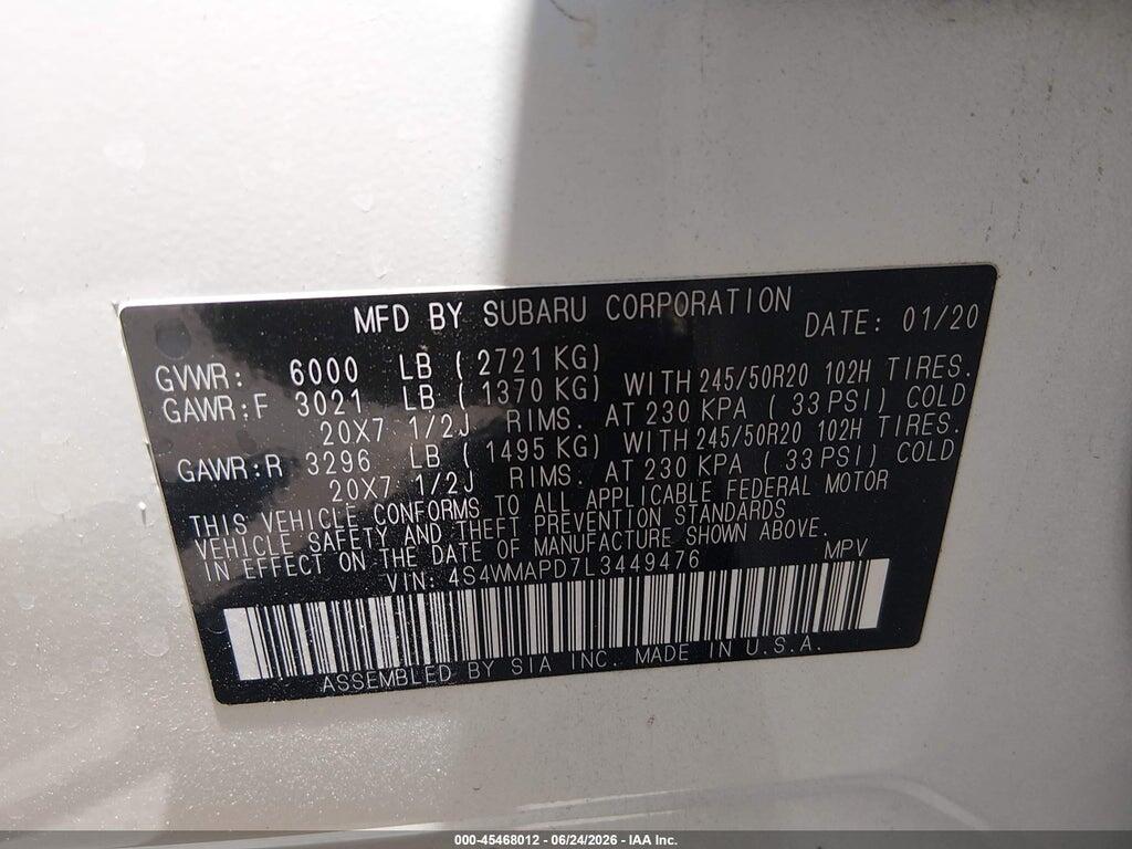 4S4WMAPD7L3449476 2020 SUBARU ASCENT photo no. 9