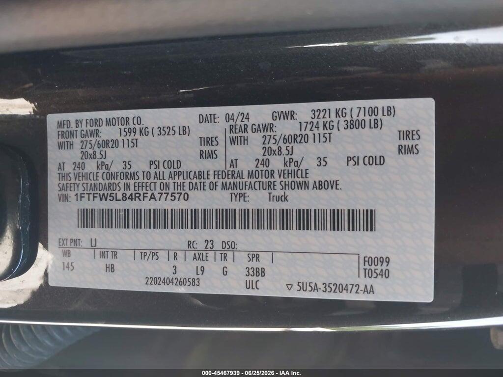 1FTFW5L84RFA77570 2024 FORD F-150 photo no. 9