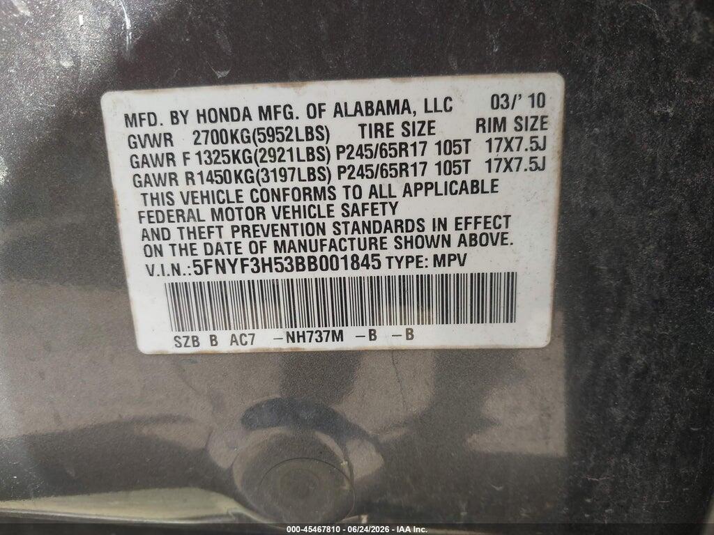 5FNYF3H53BB001845 2011 HONDA PILOT photo no. 9