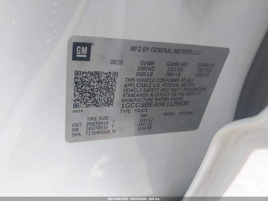 1GCGSBEA5K1125630 2019 CHEVROLET COLORADO photo no. 9