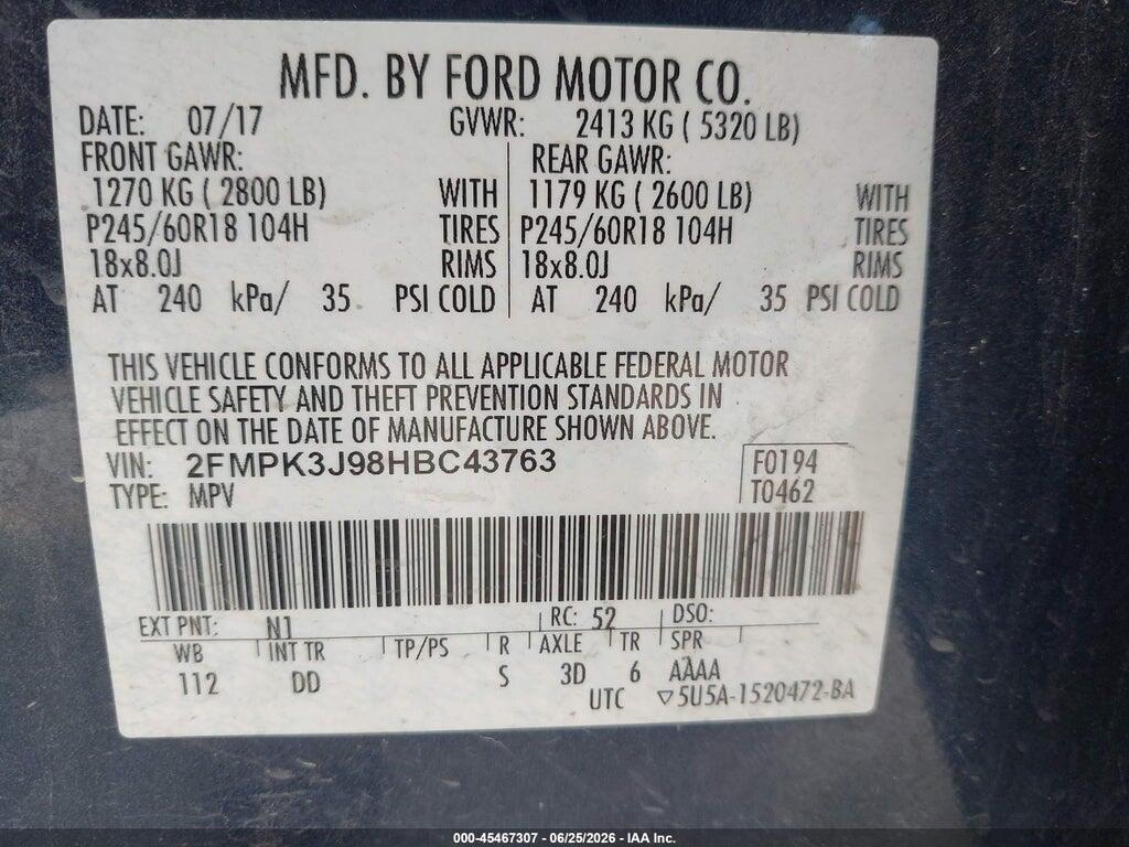 2FMPK3J98HBC43763 2017 FORD EDGE photo no. 9