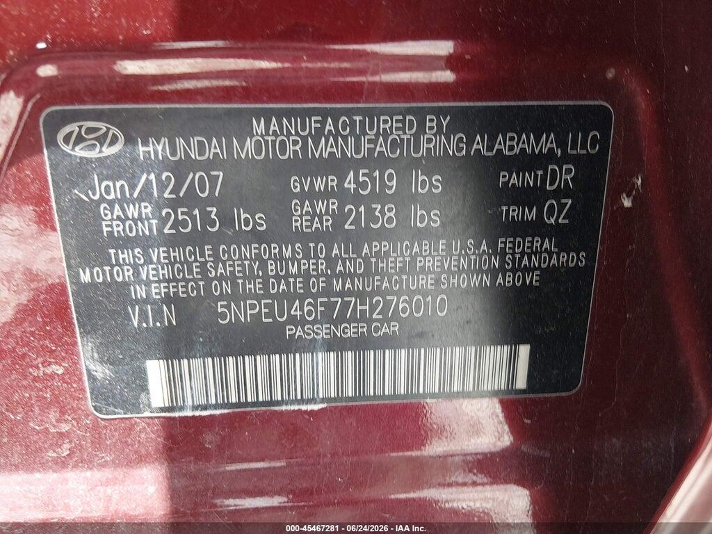 5NPEU46F77H276010 2007 HYUNDAI SONATA photo no. 9