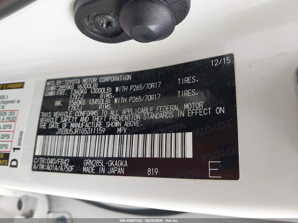 JTEBU5JR1G5311159 2016 TOYOTA 4RUNNER photo no. 9