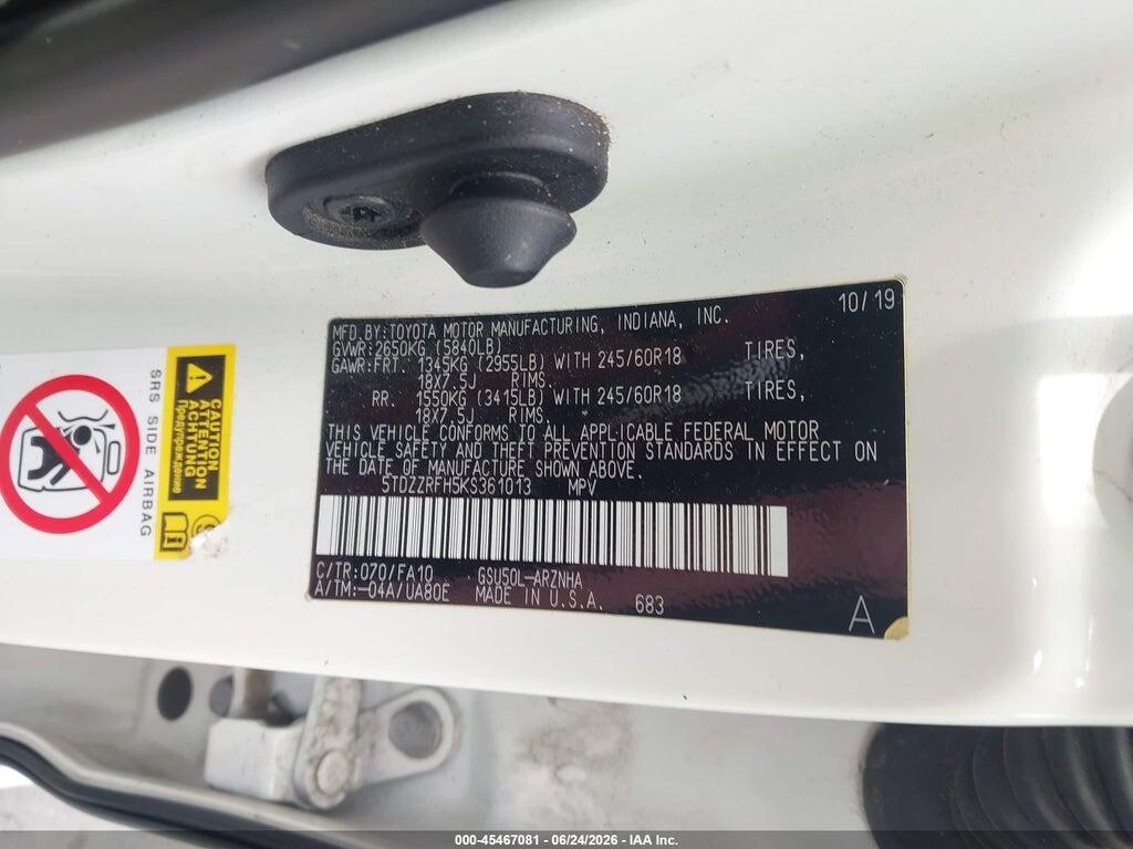 5TDZZRFH5KS361013 2019 TOYOTA HIGHLANDER photo no. 9