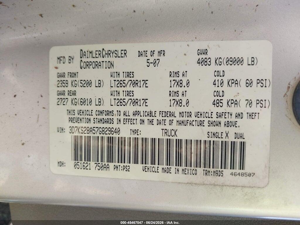 3D7KS28A57G829640 2007 DODGE RAM 2500 photo no. 9