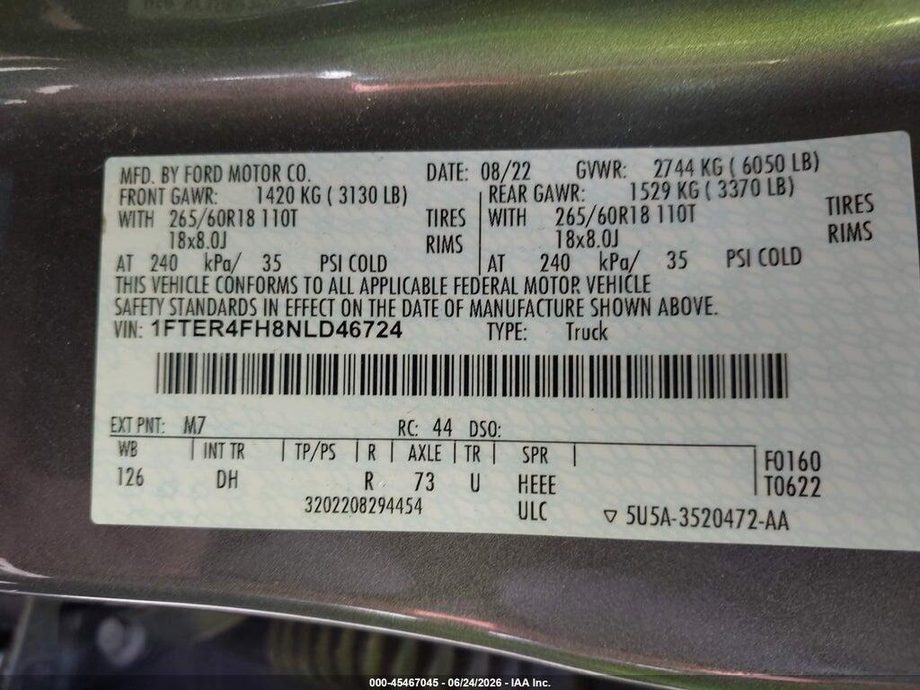 1FTER4FH8NLD46724 2022 FORD RANGER photo no. 9