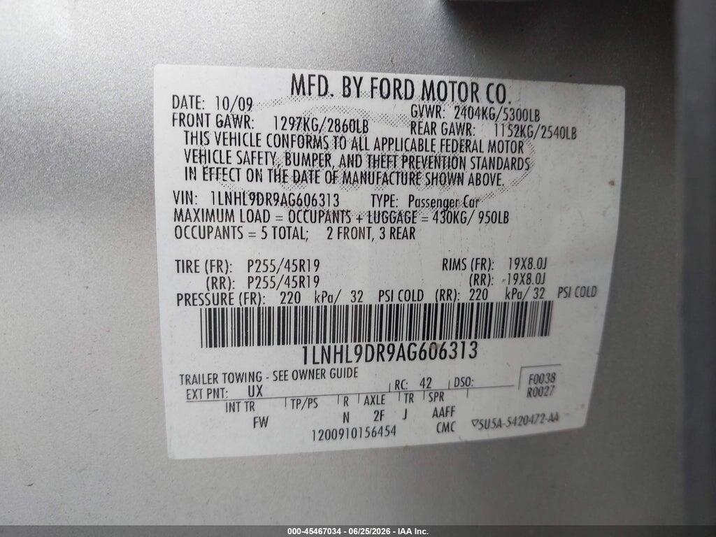 1LNHL9DR9AG606313 2010 LINCOLN MKS photo no. 9