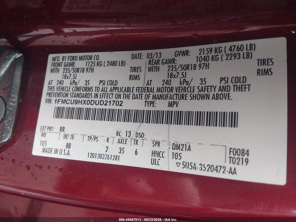 1FMCU9HX0DUD21702 2013 FORD ESCAPE photo no. 9
