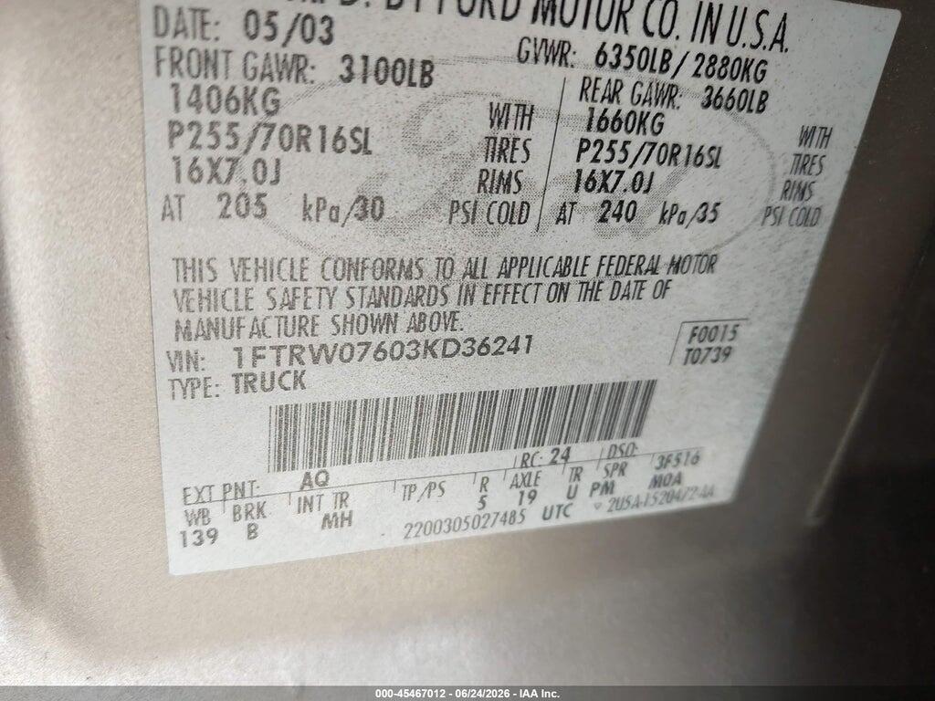 1FTRW07603KD36241 2003 FORD F-150 photo no. 9