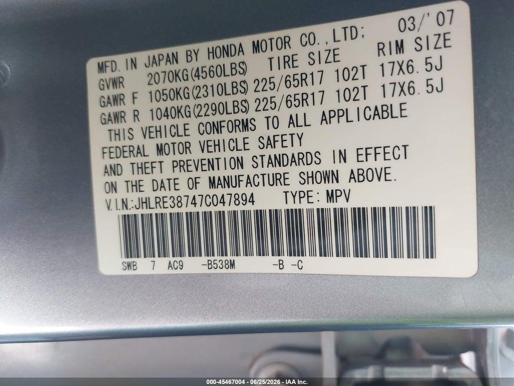 JHLRE38747C047894 2007 HONDA CR-V photo no. 9