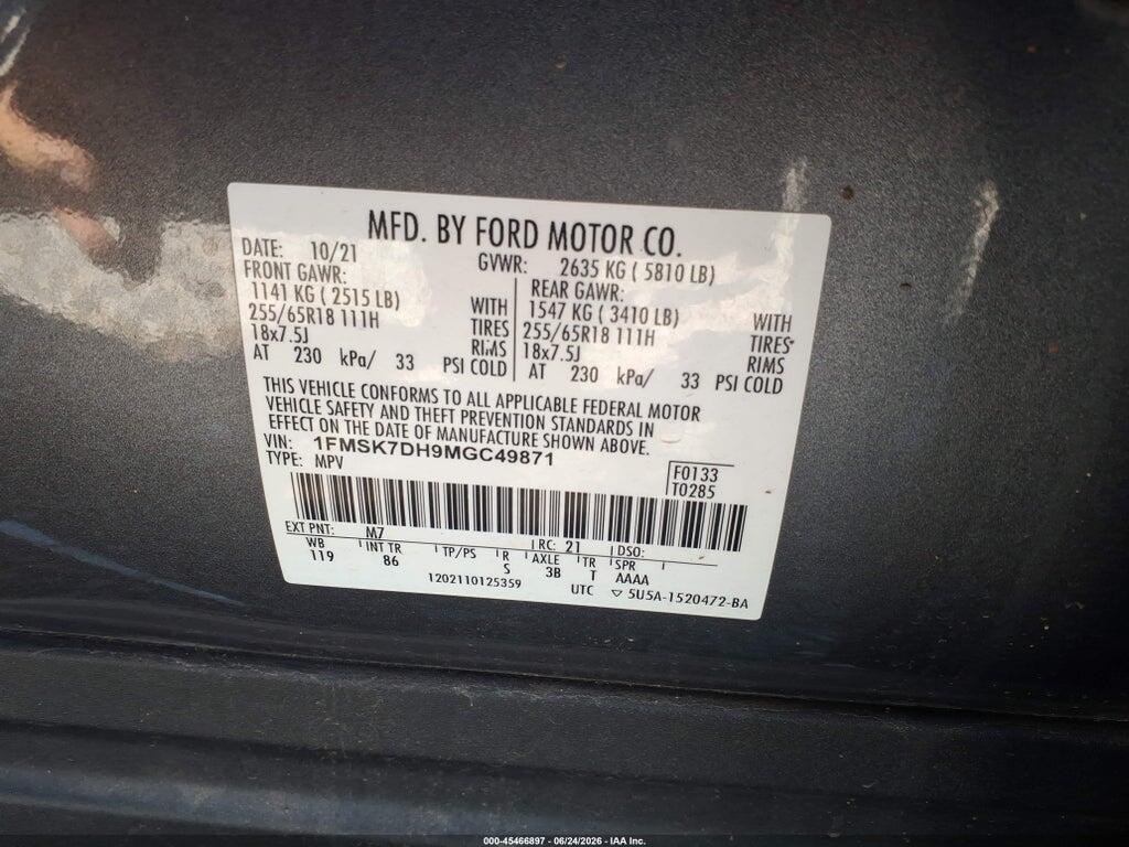 1FMSK7DH9MGC49871 2021 FORD EXPLORER photo no. 9