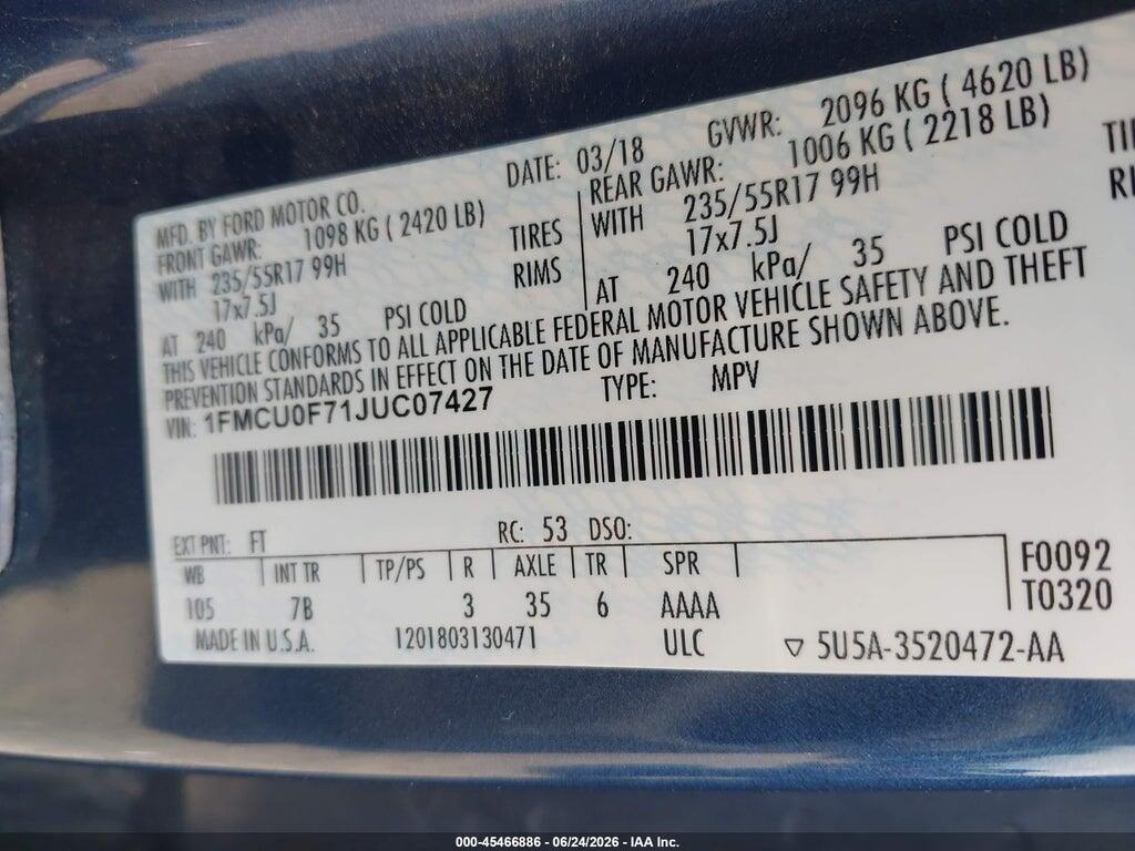 1FMCU0F71JUC07427 2018 FORD ESCAPE photo no. 9