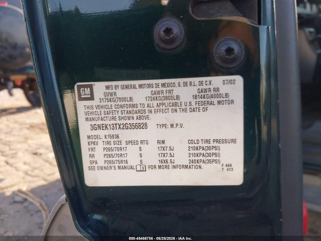 3GNEK13TX2G356828 2002 CHEVROLET AVALANCHE 1500 photo no. 9
