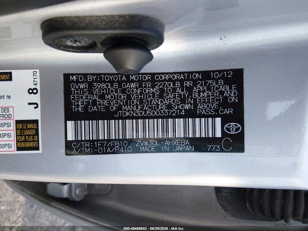 JTDKN3DU5D0337214 2013 TOYOTA PRIUS photo no. 9