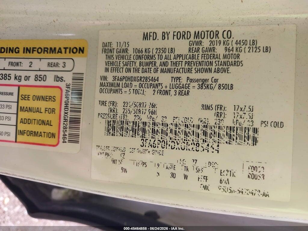 3FA6P0HDXGR285464 2016 FORD FUSION photo no. 9