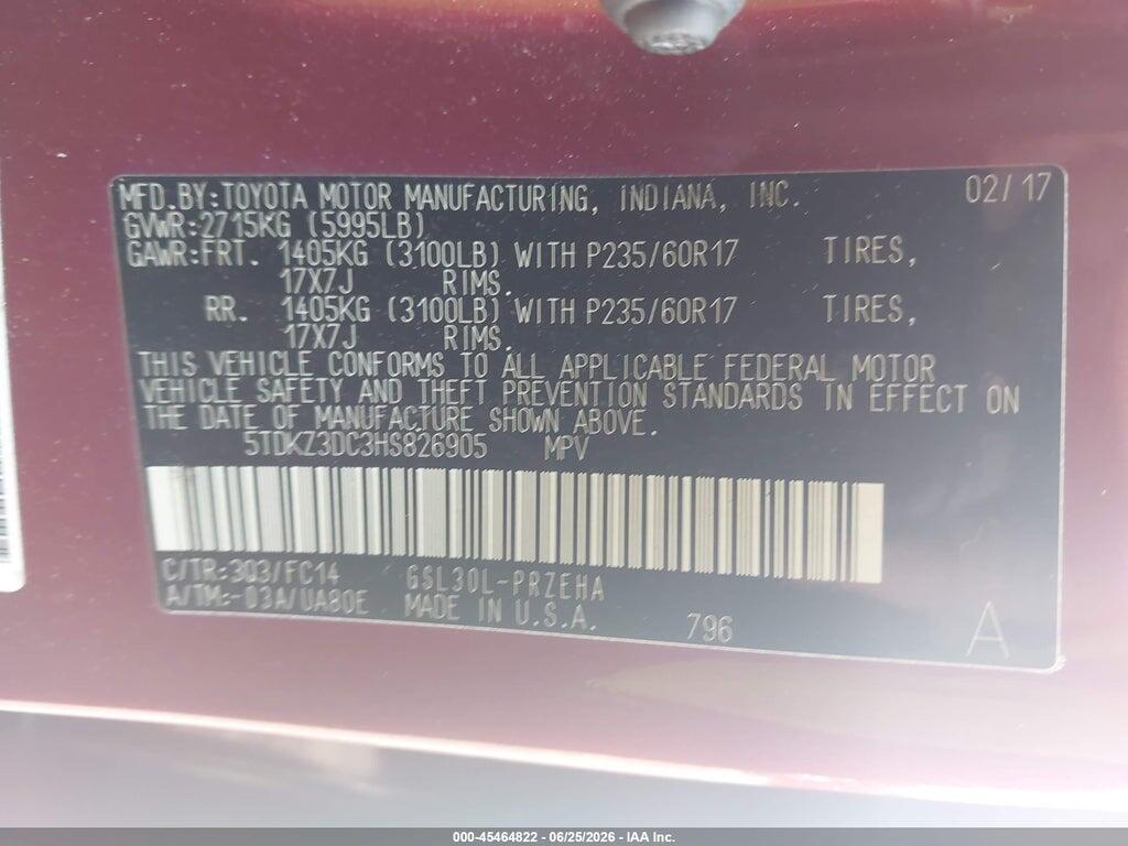 5TDKZ3DC3HS826905 2017 TOYOTA SIENNA photo no. 9