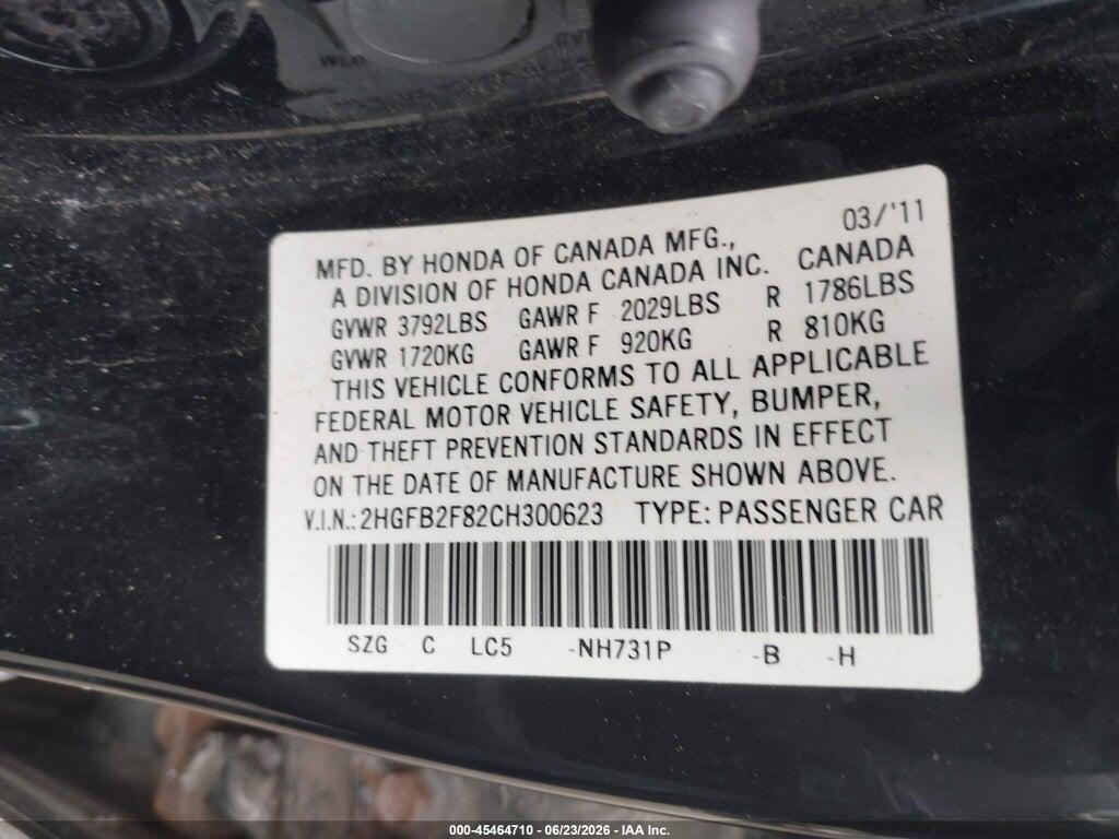 2HGFB2F82CH300623 2012 HONDA CIVIC photo no. 9