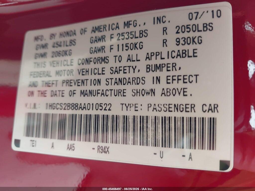 1HGCS2B88AA010522 2010 HONDA ACCORD photo no. 9