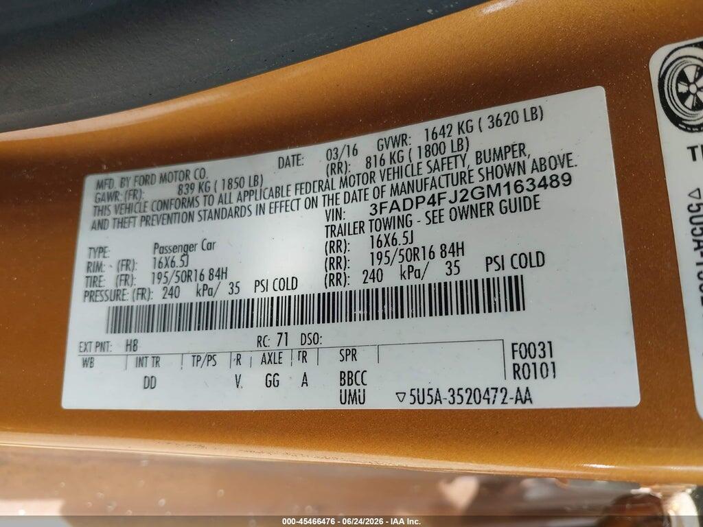 3FADP4FJ2GM163489 2016 FORD FIESTA photo no. 9