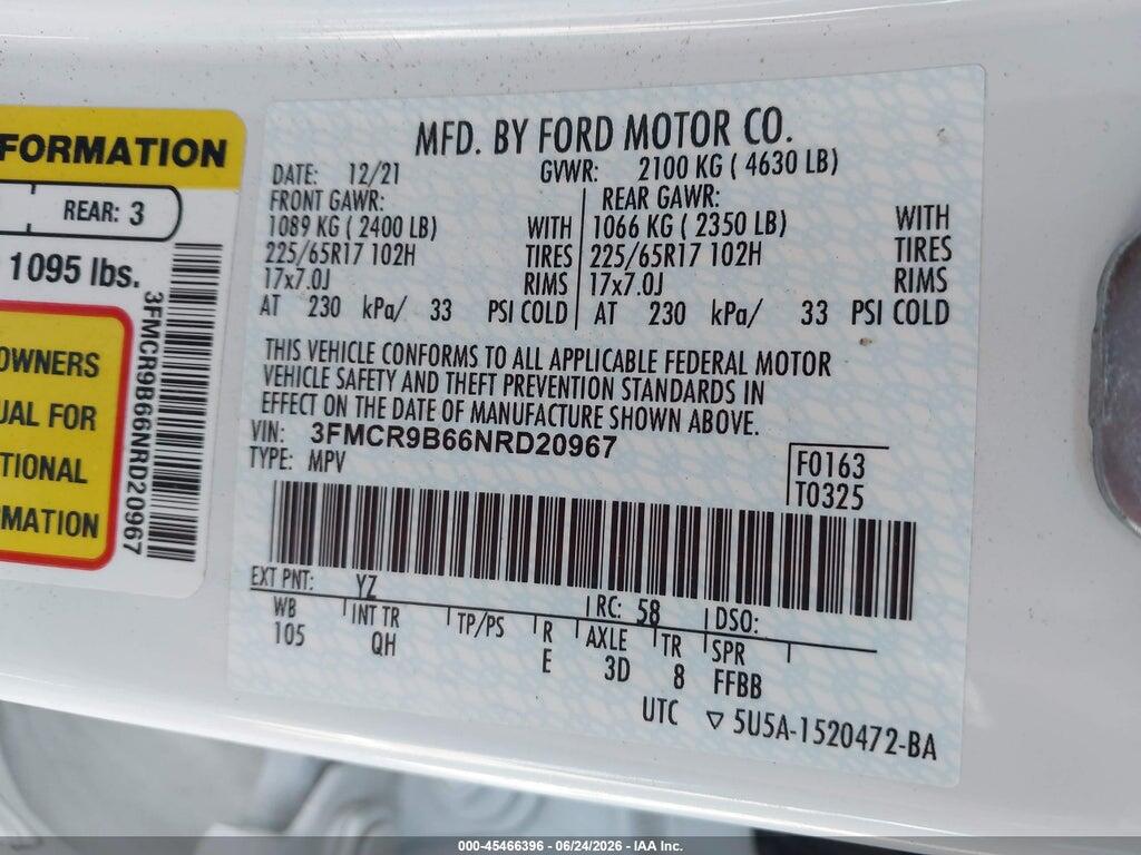 3FMCR9B66NRD20967 2022 FORD BRONCO SPORT photo no. 9