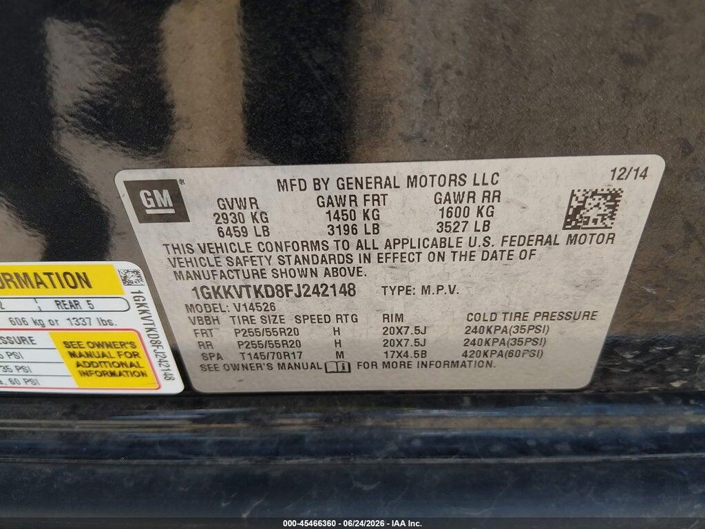 1GKKVTKD8FJ242148 2015 GMC ACADIA photo no. 9