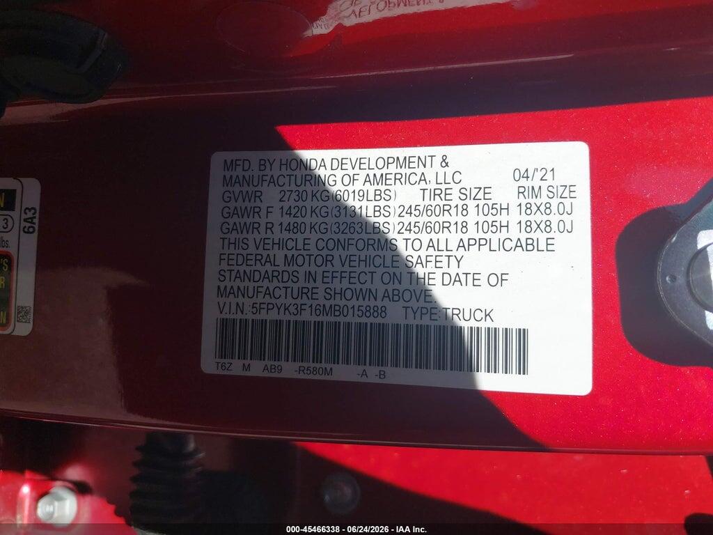 5FPYK3F16MB015888 2021 HONDA RIDGELINE photo no. 9