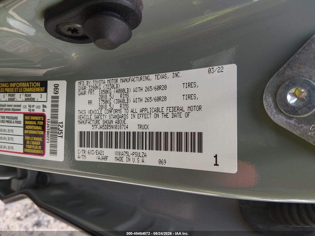 5TFJA5DB5NX018714 2022 TOYOTA TUNDRA photo no. 9