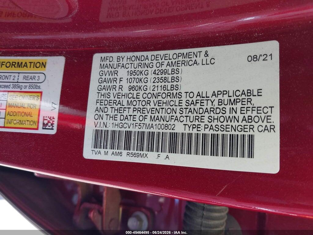 1HGCV1F57MA100802 2021 HONDA ACCORD photo no. 9
