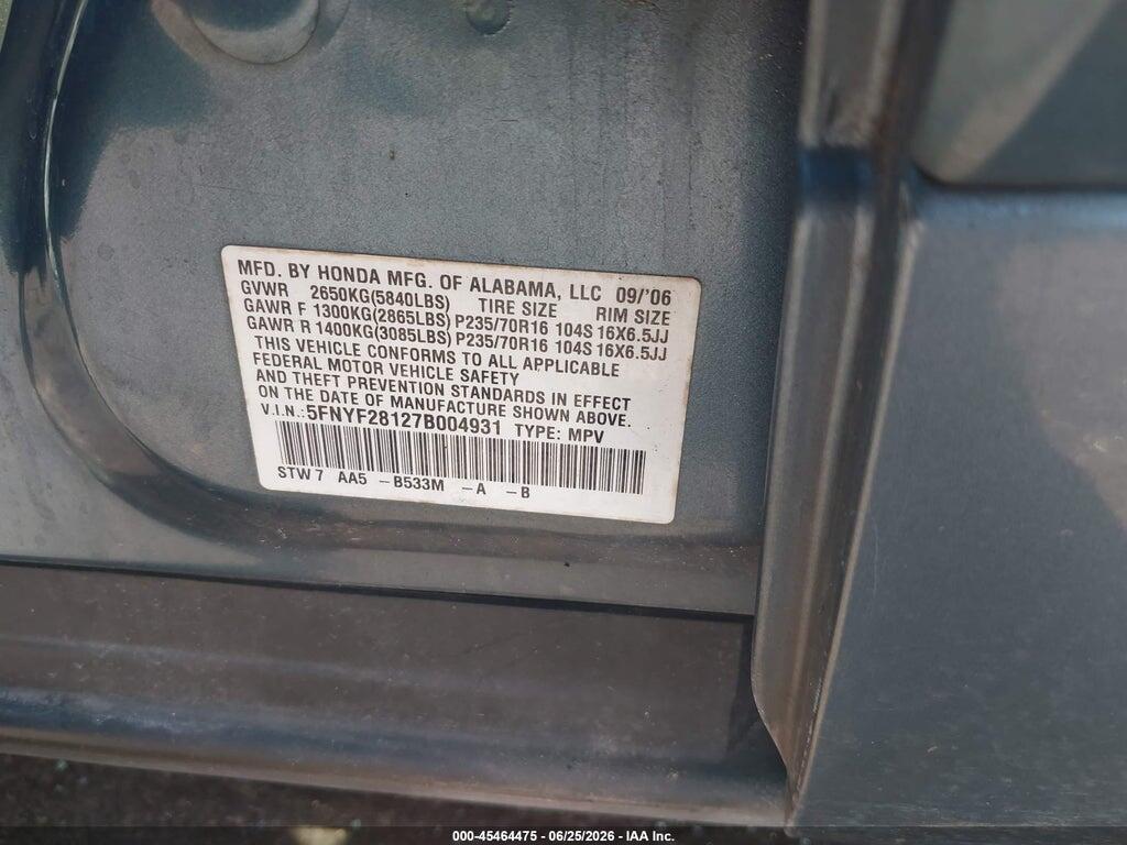 5FNYF28127B004931 2007 HONDA PILOT photo no. 9