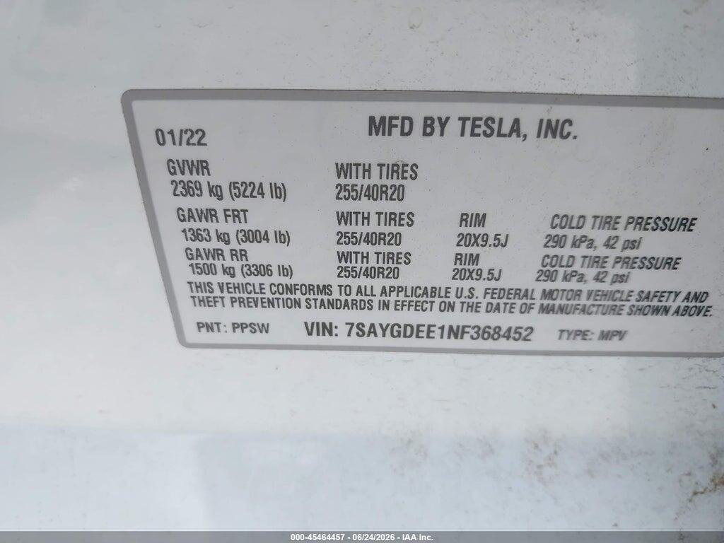 7SAYGDEE1NF368452 2022 TESLA MODEL Y photo no. 9
