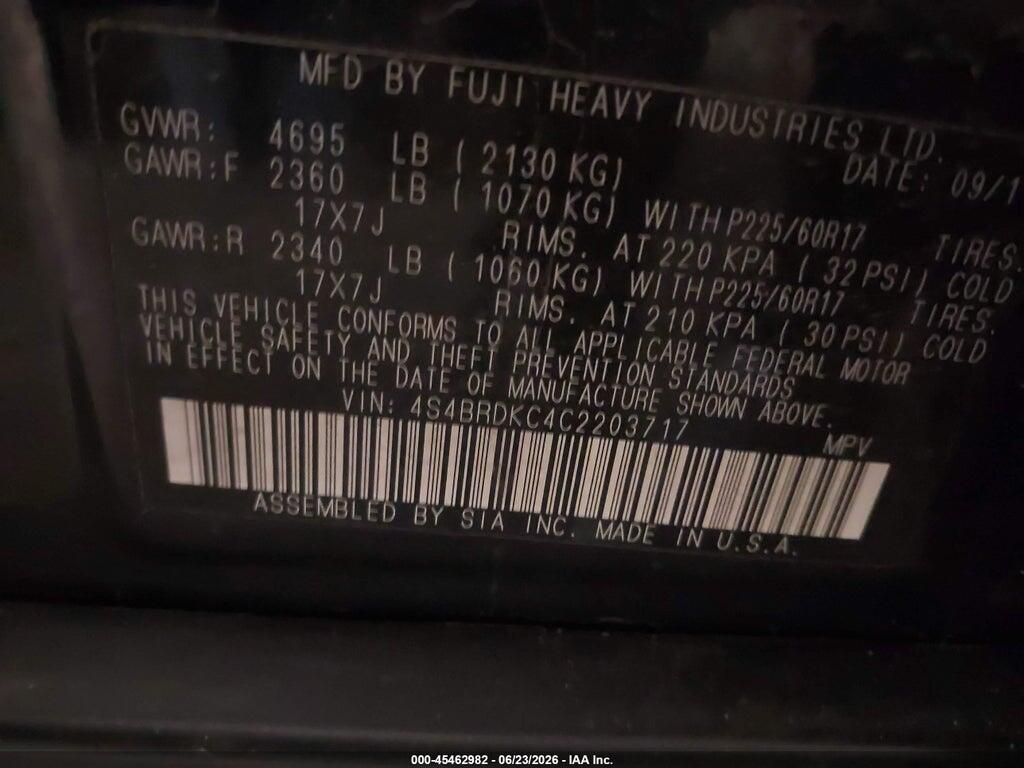 4S4BRDKC4C2203717 2012 SUBARU OUTBACK photo no. 9