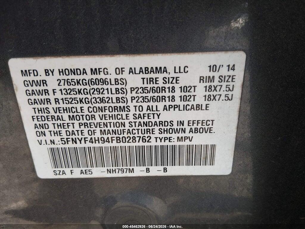 5FNYF4H94FB028762 2015 HONDA PILOT photo no. 9