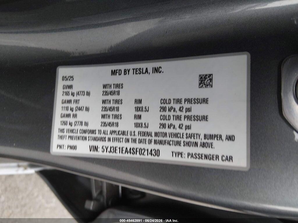 5YJ3E1EA4SF021430 2025 TESLA MODEL 3 photo no. 9