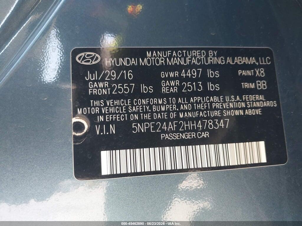 5NPE24AF2HH478347 2017 HYUNDAI SONATA photo no. 9